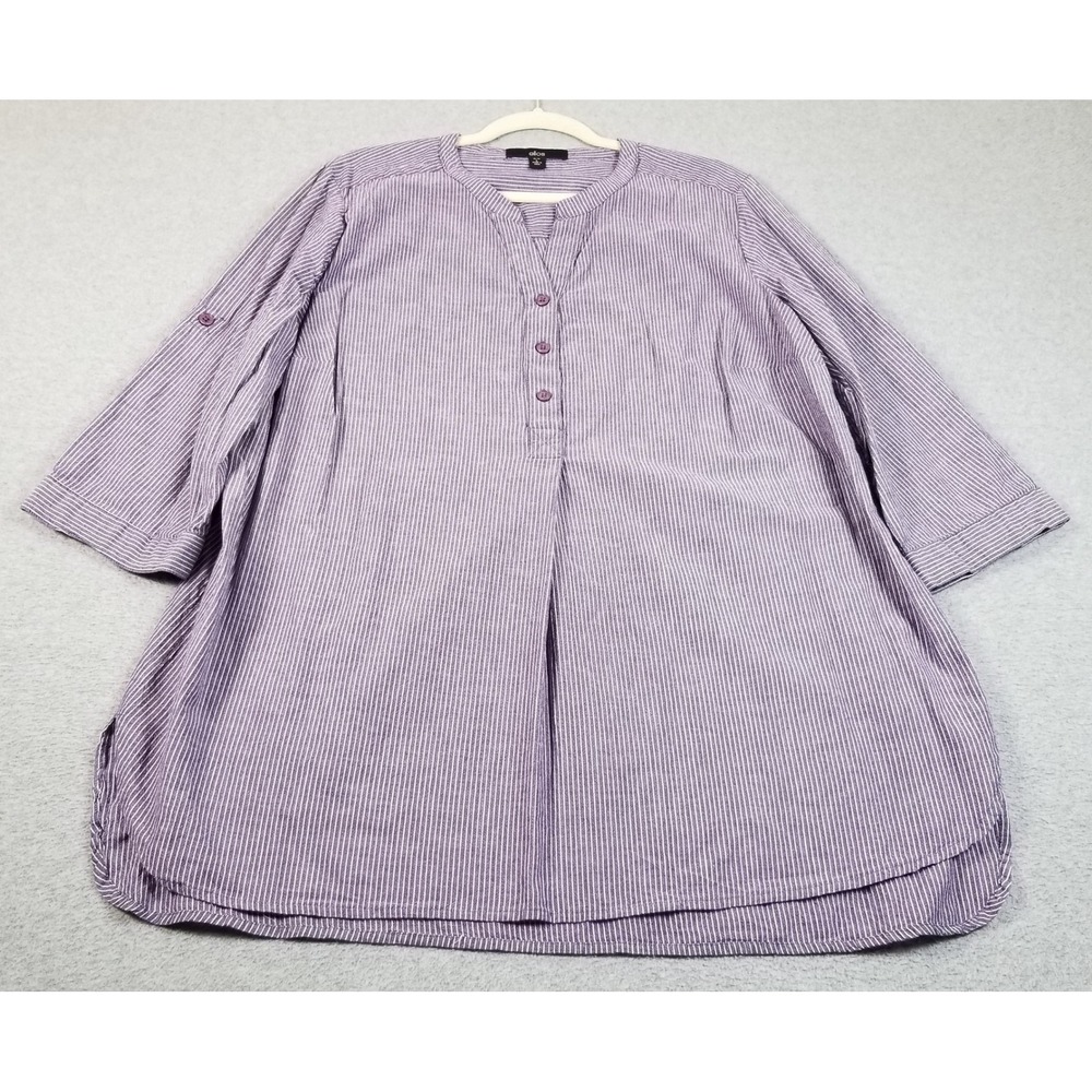 Ellos Tunic Blouse Women 18 20 L Purple White Striped Roll Tab Sleeve Cotton Top
